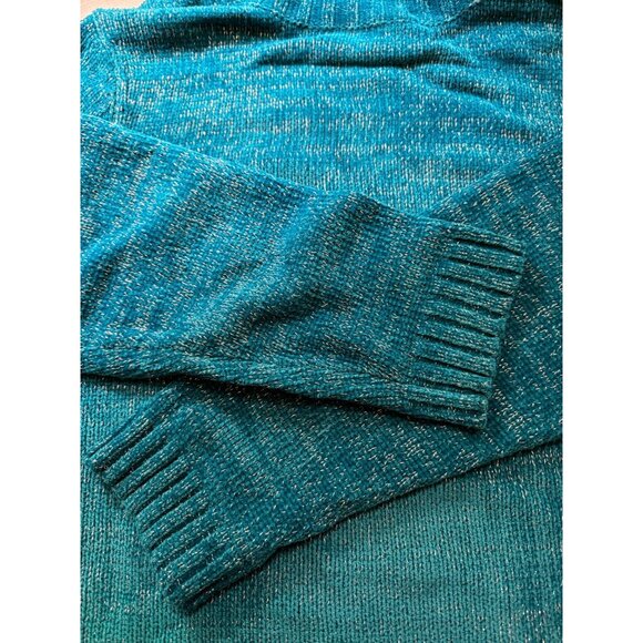 Y2K Susan Graver Sz 1X Teal Turtleneck Sweater with Silver Metallic Knit Yarn - Picture 3 of 8
